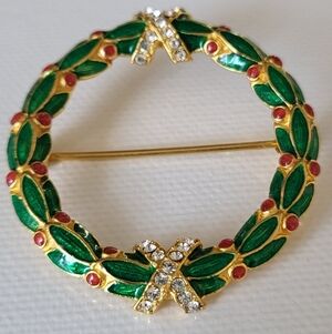 MMA Faberge 24k Plated Chrismas Wreath Brooch Signed FBS